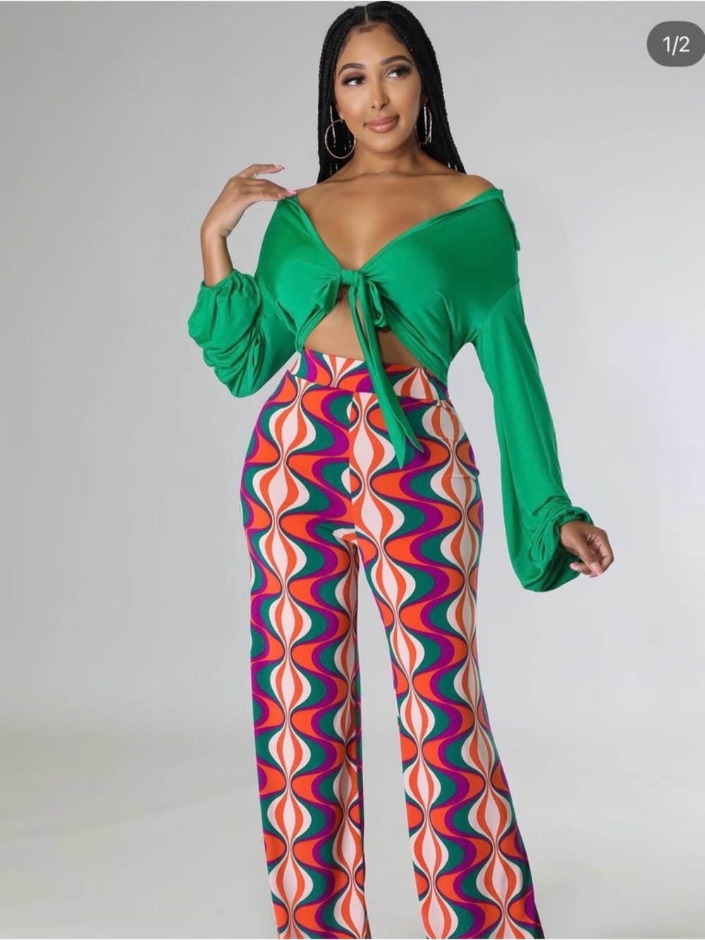 Tie-Front Green Crop Top with Retro Print Wide-Leg Pants Set
